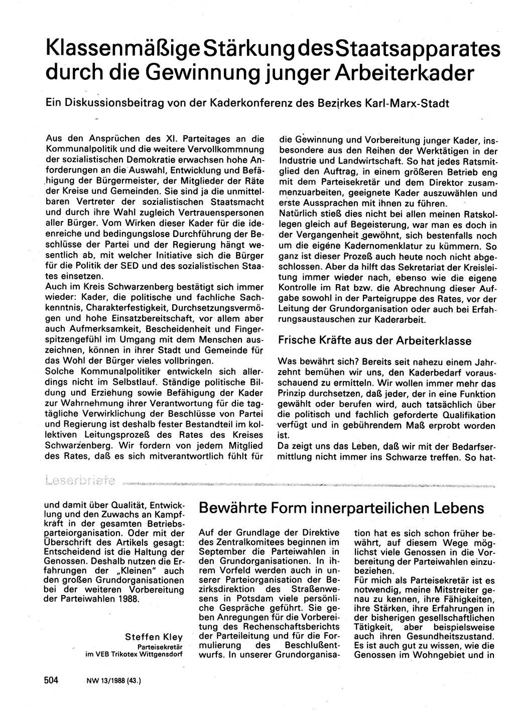 Neuer Weg (NW), Organ des Zentralkomitees (ZK) der SED (Sozialistische Einheitspartei Deutschlands) für Fragen des Parteilebens, 43. Jahrgang [Deutsche Demokratische Republik (DDR)] 1988, Seite 504 (NW ZK SED DDR 1988, S. 504)