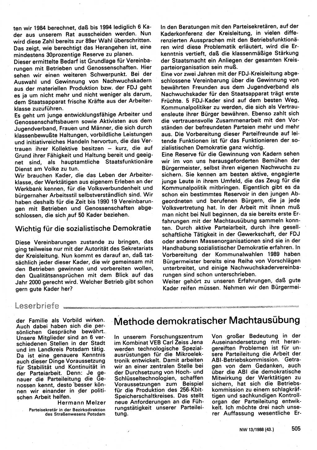 Neuer Weg (NW), Organ des Zentralkomitees (ZK) der SED (Sozialistische Einheitspartei Deutschlands) für Fragen des Parteilebens, 43. Jahrgang [Deutsche Demokratische Republik (DDR)] 1988, Seite 505 (NW ZK SED DDR 1988, S. 505)