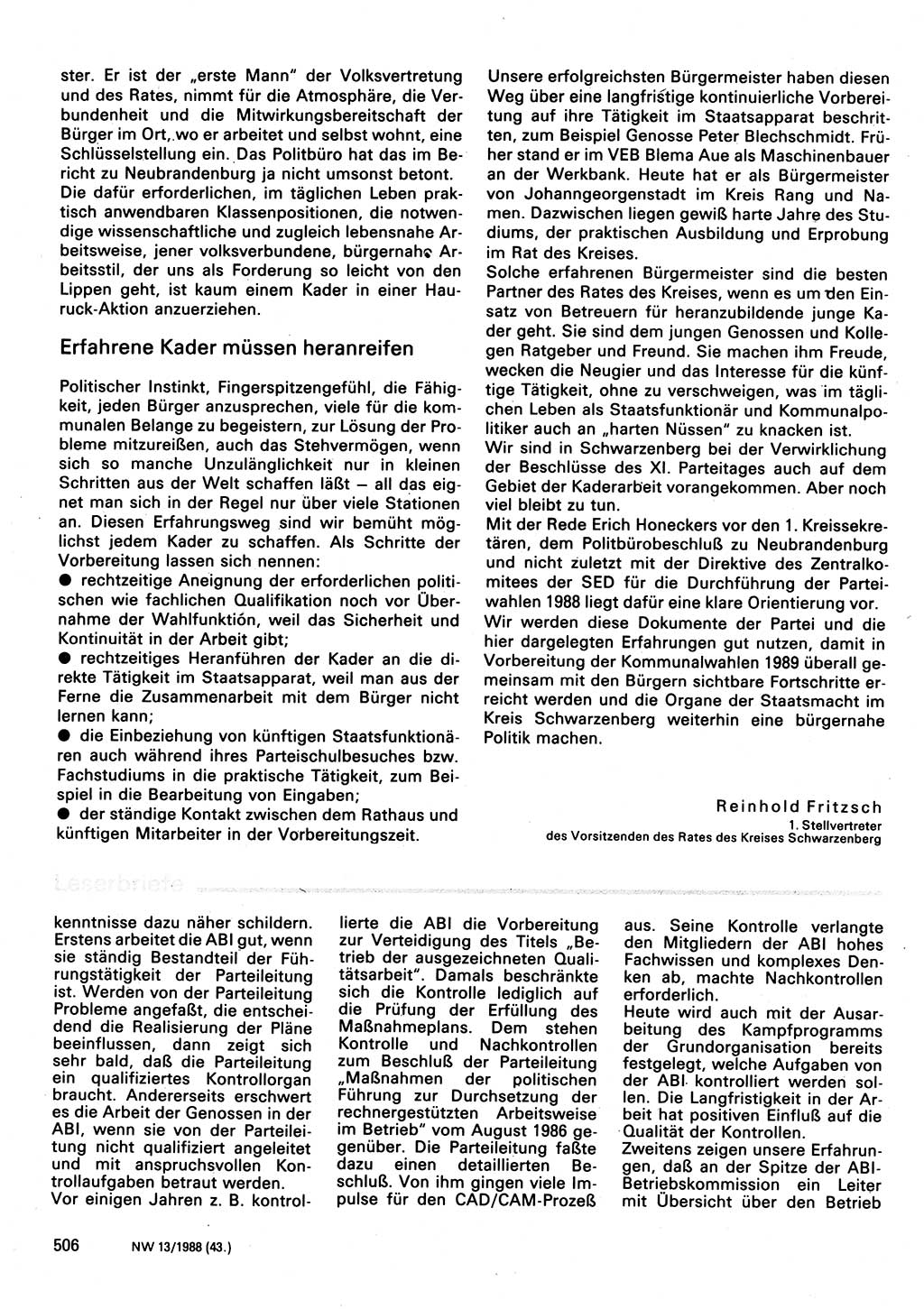 Neuer Weg (NW), Organ des Zentralkomitees (ZK) der SED (Sozialistische Einheitspartei Deutschlands) für Fragen des Parteilebens, 43. Jahrgang [Deutsche Demokratische Republik (DDR)] 1988, Seite 506 (NW ZK SED DDR 1988, S. 506)