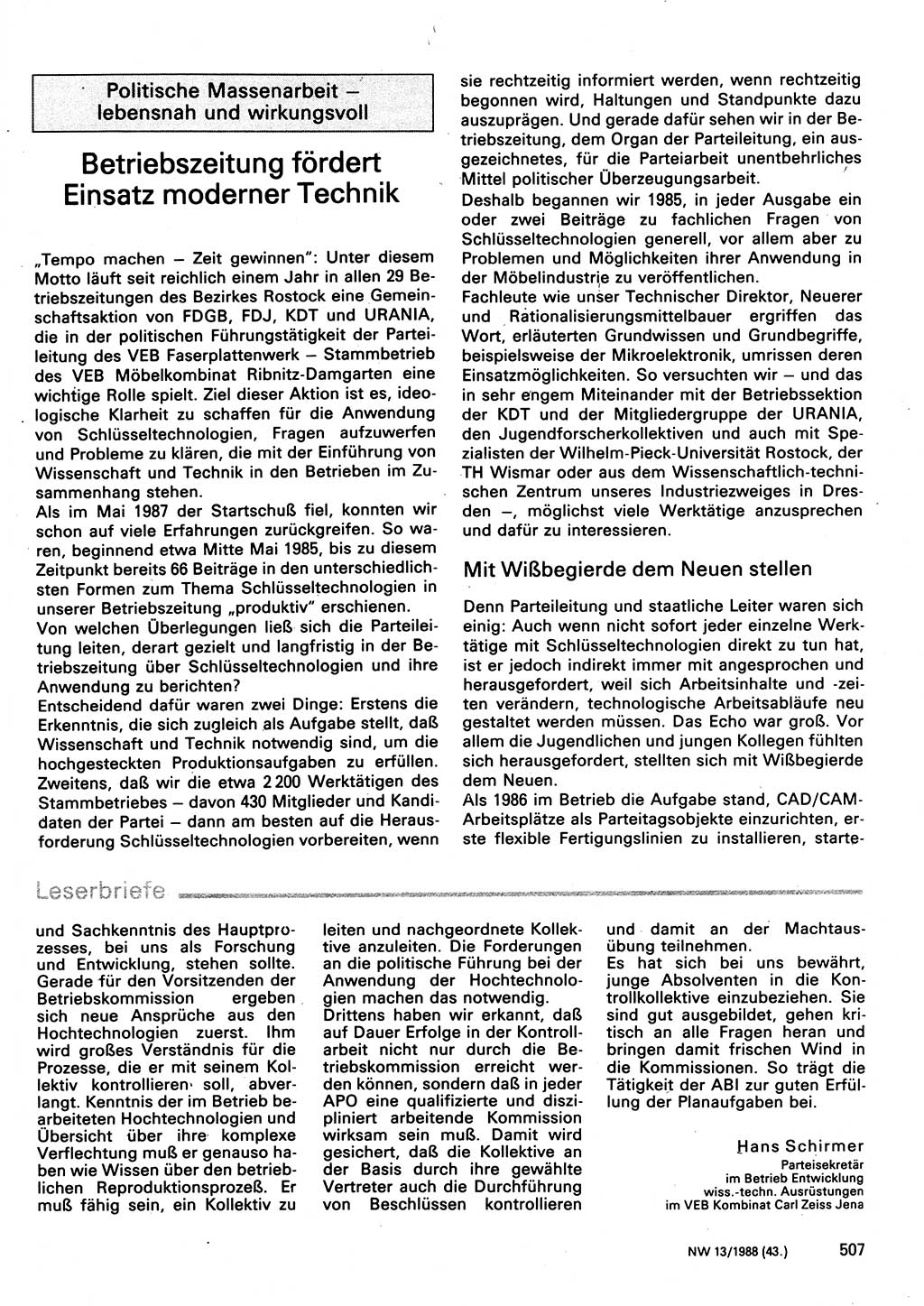 Neuer Weg (NW), Organ des Zentralkomitees (ZK) der SED (Sozialistische Einheitspartei Deutschlands) für Fragen des Parteilebens, 43. Jahrgang [Deutsche Demokratische Republik (DDR)] 1988, Seite 507 (NW ZK SED DDR 1988, S. 507)