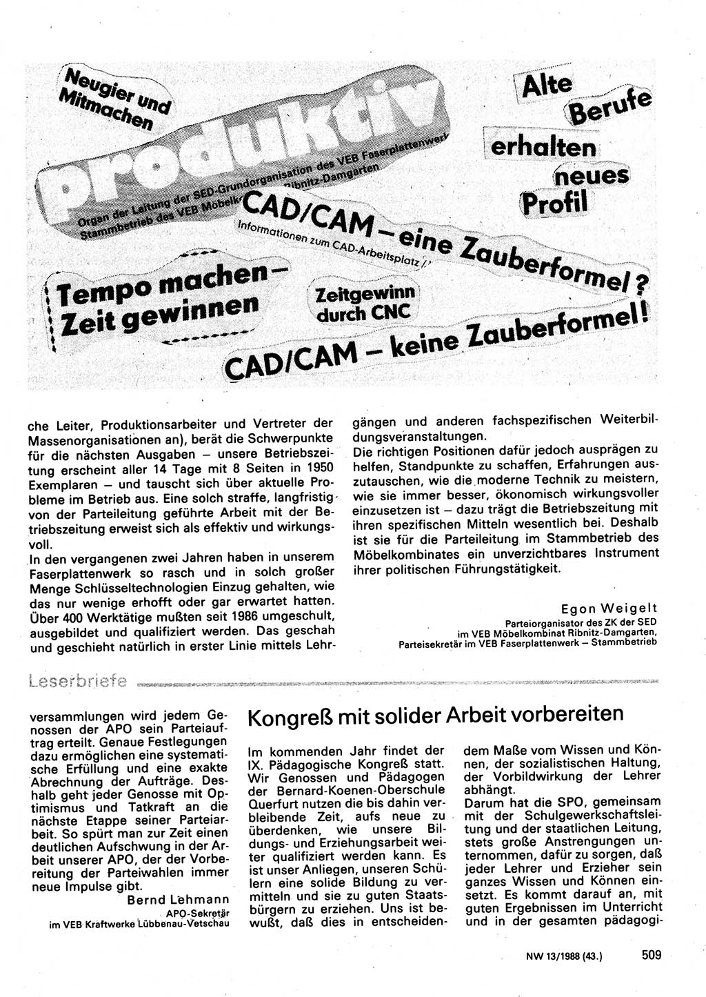 Neuer Weg (NW), Organ des Zentralkomitees (ZK) der SED (Sozialistische Einheitspartei Deutschlands) für Fragen des Parteilebens, 43. Jahrgang [Deutsche Demokratische Republik (DDR)] 1988, Seite 509 (NW ZK SED DDR 1988, S. 509)