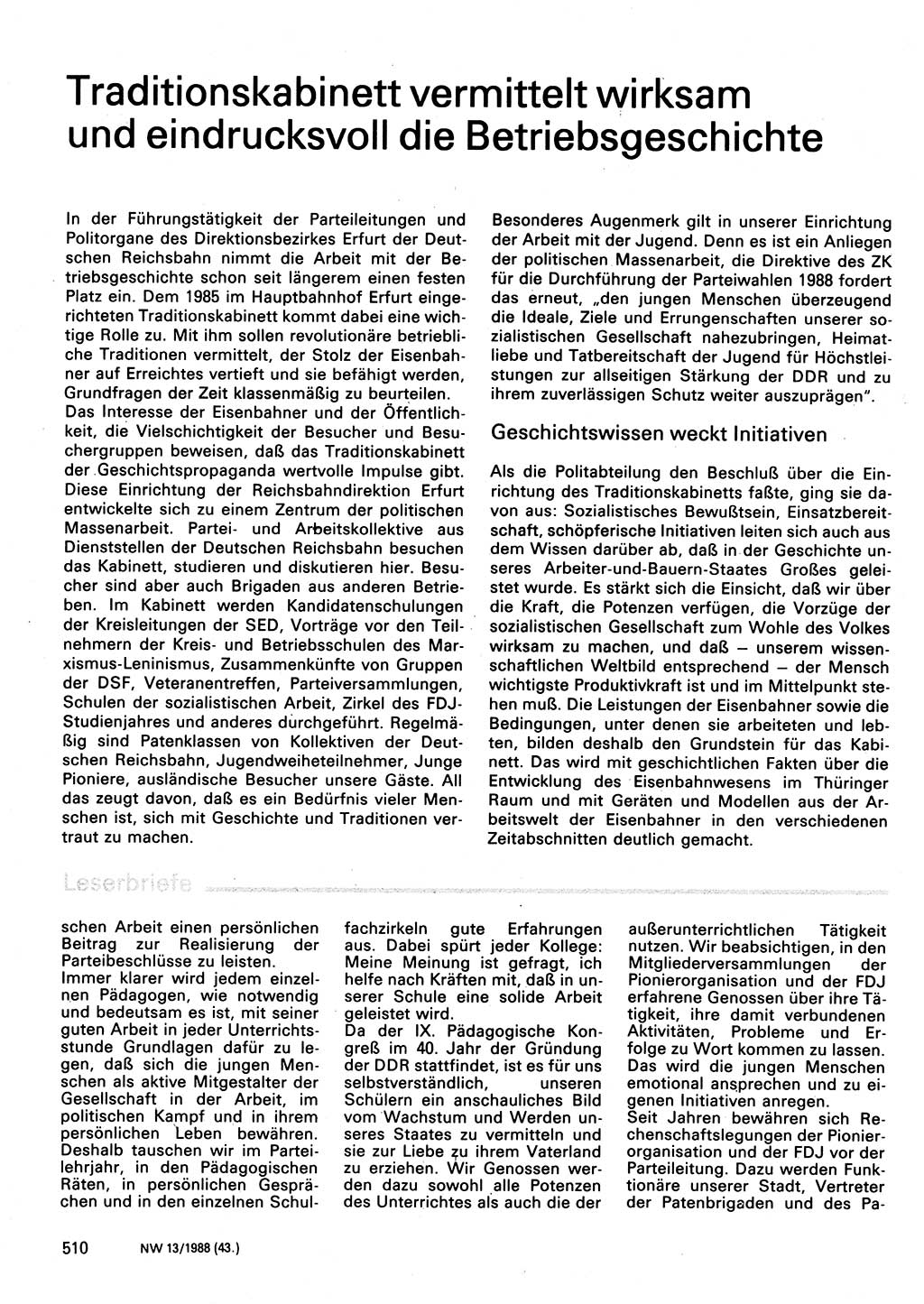 Neuer Weg (NW), Organ des Zentralkomitees (ZK) der SED (Sozialistische Einheitspartei Deutschlands) für Fragen des Parteilebens, 43. Jahrgang [Deutsche Demokratische Republik (DDR)] 1988, Seite 510 (NW ZK SED DDR 1988, S. 510)