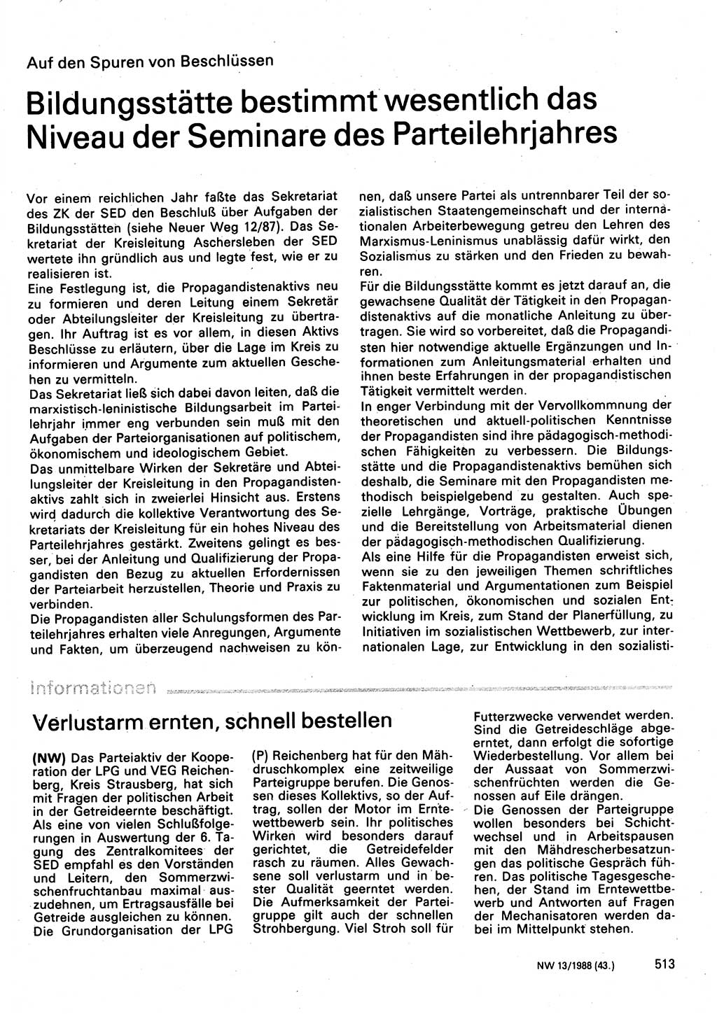 Neuer Weg (NW), Organ des Zentralkomitees (ZK) der SED (Sozialistische Einheitspartei Deutschlands) für Fragen des Parteilebens, 43. Jahrgang [Deutsche Demokratische Republik (DDR)] 1988, Seite 513 (NW ZK SED DDR 1988, S. 513)