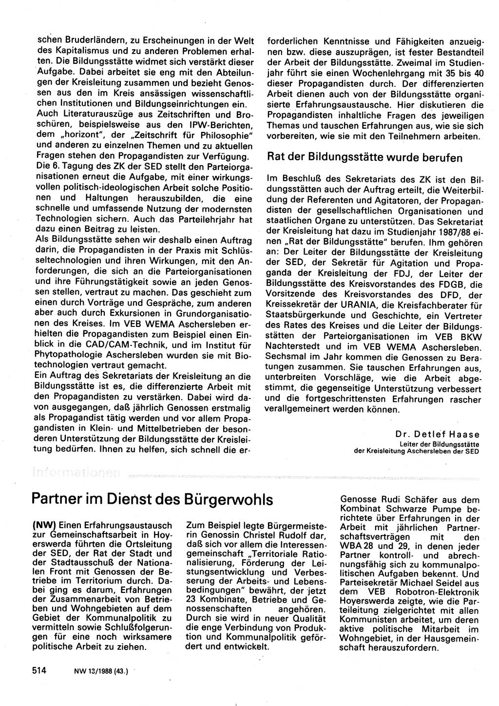 Neuer Weg (NW), Organ des Zentralkomitees (ZK) der SED (Sozialistische Einheitspartei Deutschlands) für Fragen des Parteilebens, 43. Jahrgang [Deutsche Demokratische Republik (DDR)] 1988, Seite 514 (NW ZK SED DDR 1988, S. 514)