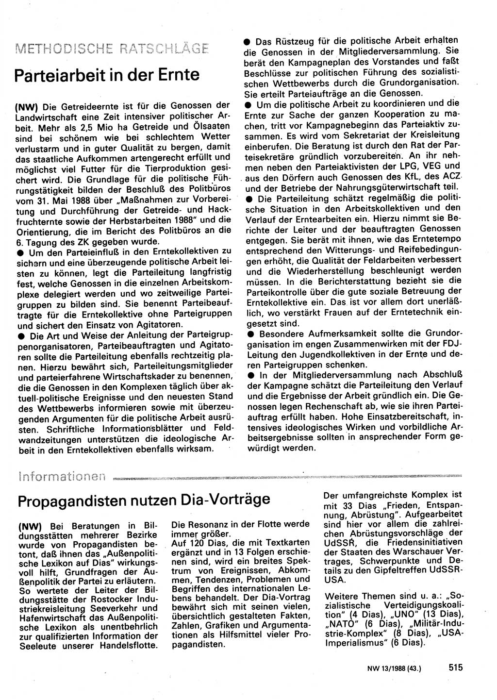 Neuer Weg (NW), Organ des Zentralkomitees (ZK) der SED (Sozialistische Einheitspartei Deutschlands) für Fragen des Parteilebens, 43. Jahrgang [Deutsche Demokratische Republik (DDR)] 1988, Seite 515 (NW ZK SED DDR 1988, S. 515)
