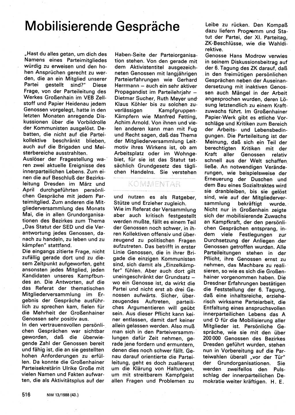 Neuer Weg (NW), Organ des Zentralkomitees (ZK) der SED (Sozialistische Einheitspartei Deutschlands) für Fragen des Parteilebens, 43. Jahrgang [Deutsche Demokratische Republik (DDR)] 1988, Seite 516 (NW ZK SED DDR 1988, S. 516)
