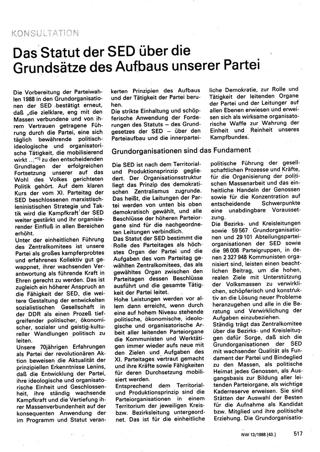 Neuer Weg (NW), Organ des Zentralkomitees (ZK) der SED (Sozialistische Einheitspartei Deutschlands) für Fragen des Parteilebens, 43. Jahrgang [Deutsche Demokratische Republik (DDR)] 1988, Seite 517 (NW ZK SED DDR 1988, S. 517)