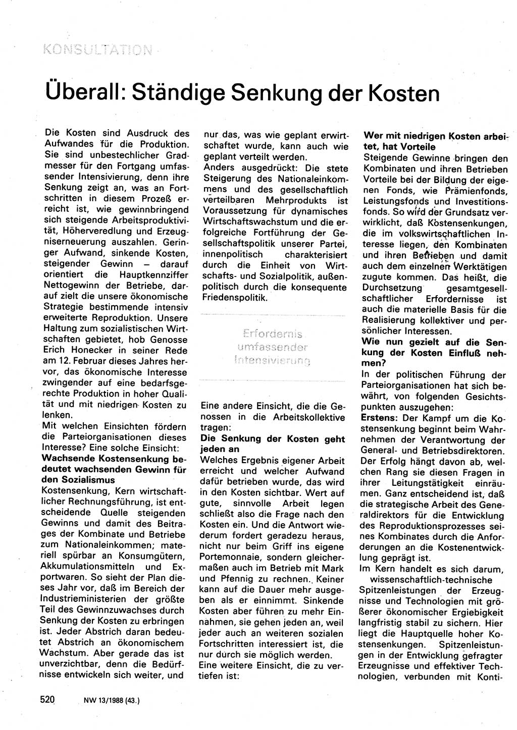 Neuer Weg (NW), Organ des Zentralkomitees (ZK) der SED (Sozialistische Einheitspartei Deutschlands) für Fragen des Parteilebens, 43. Jahrgang [Deutsche Demokratische Republik (DDR)] 1988, Seite 520 (NW ZK SED DDR 1988, S. 520)