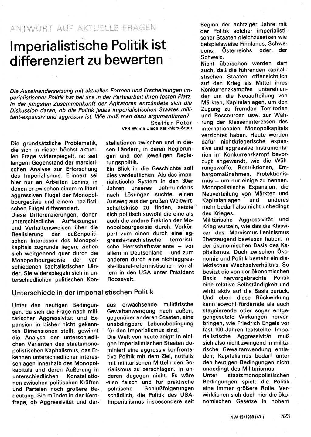 Neuer Weg (NW), Organ des Zentralkomitees (ZK) der SED (Sozialistische Einheitspartei Deutschlands) für Fragen des Parteilebens, 43. Jahrgang [Deutsche Demokratische Republik (DDR)] 1988, Seite 523 (NW ZK SED DDR 1988, S. 523)