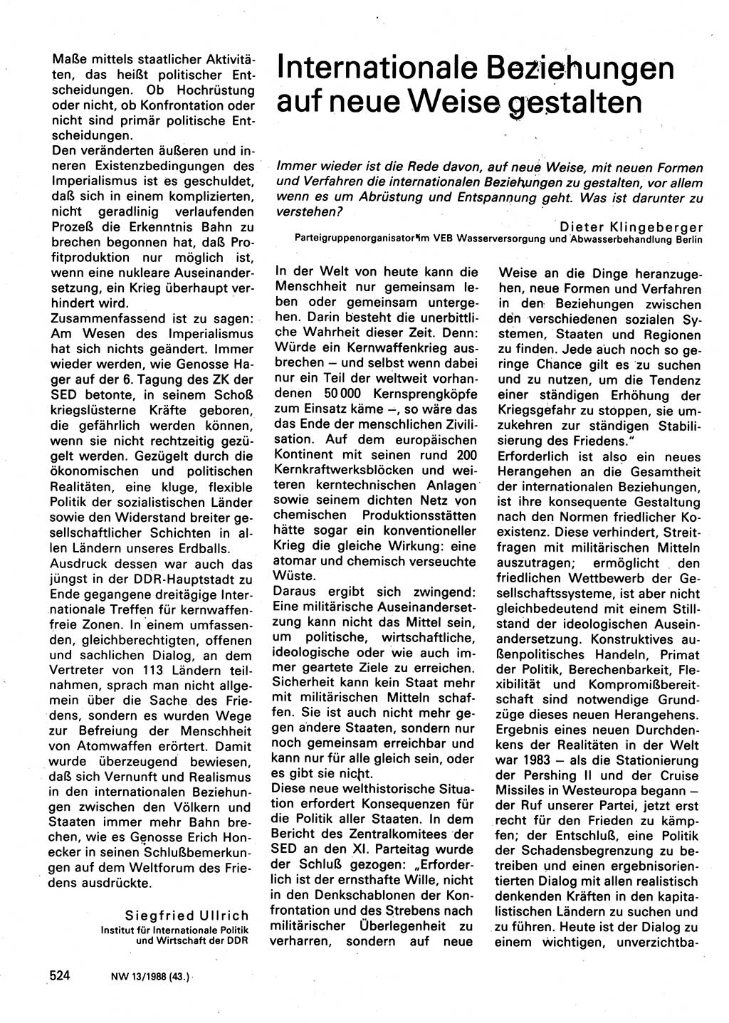 Neuer Weg (NW), Organ des Zentralkomitees (ZK) der SED (Sozialistische Einheitspartei Deutschlands) für Fragen des Parteilebens, 43. Jahrgang [Deutsche Demokratische Republik (DDR)] 1988, Seite 524 (NW ZK SED DDR 1988, S. 524)