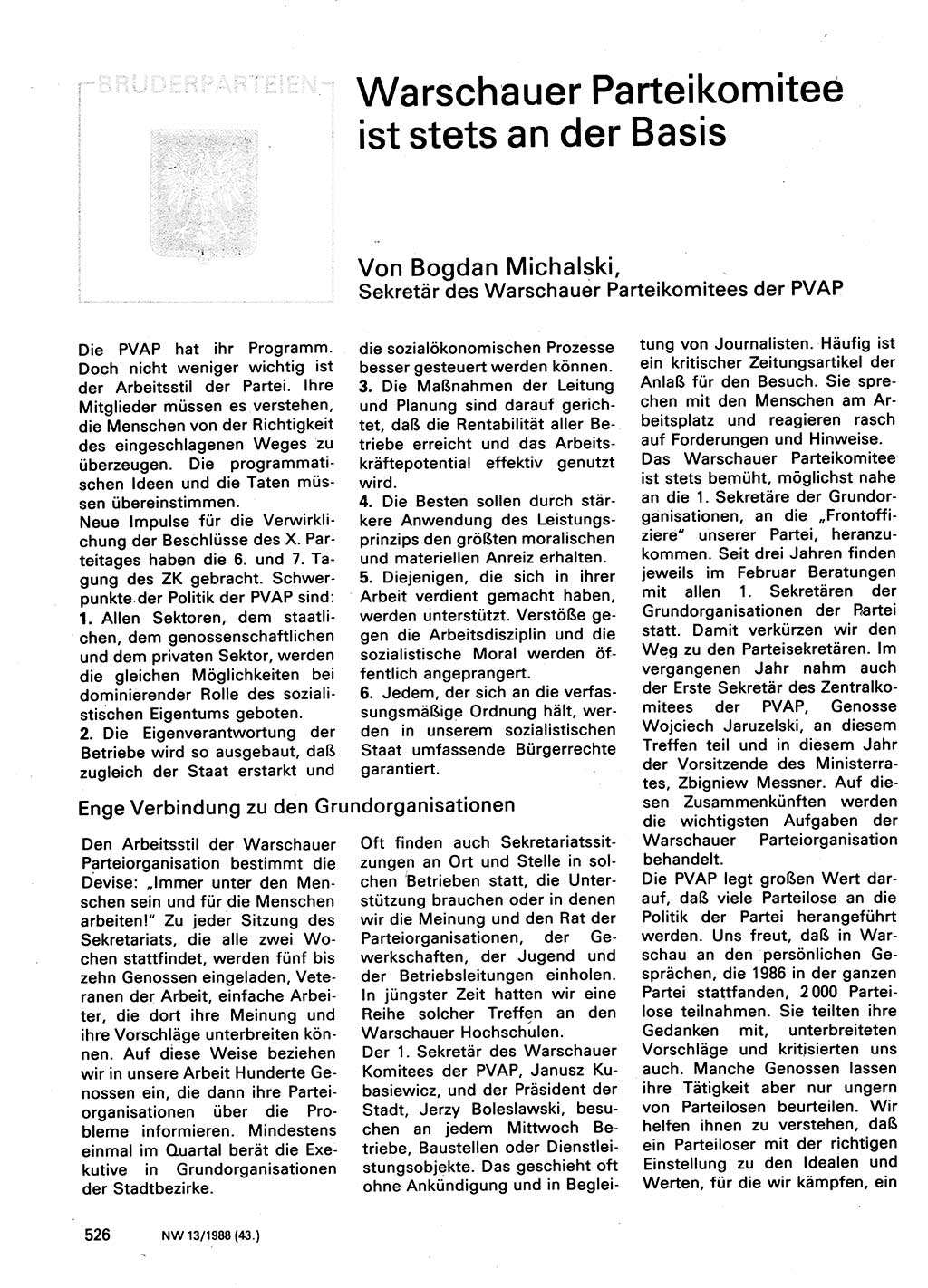 Neuer Weg (NW), Organ des Zentralkomitees (ZK) der SED (Sozialistische Einheitspartei Deutschlands) für Fragen des Parteilebens, 43. Jahrgang [Deutsche Demokratische Republik (DDR)] 1988, Seite 526 (NW ZK SED DDR 1988, S. 526)