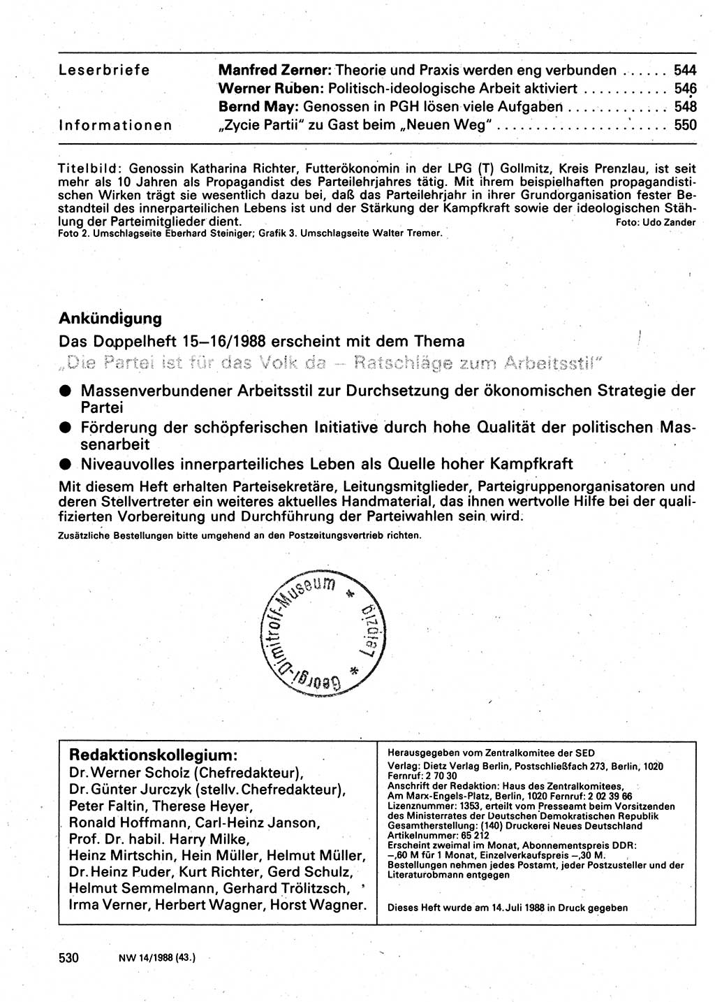 Neuer Weg (NW), Organ des Zentralkomitees (ZK) der SED (Sozialistische Einheitspartei Deutschlands) für Fragen des Parteilebens, 43. Jahrgang [Deutsche Demokratische Republik (DDR)] 1988, Seite 530 (NW ZK SED DDR 1988, S. 530)