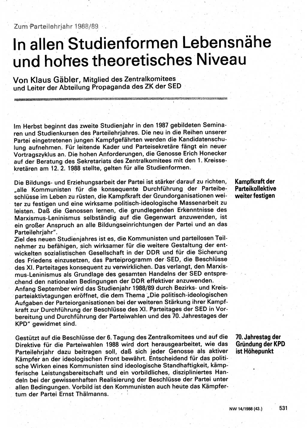 Neuer Weg (NW), Organ des Zentralkomitees (ZK) der SED (Sozialistische Einheitspartei Deutschlands) für Fragen des Parteilebens, 43. Jahrgang [Deutsche Demokratische Republik (DDR)] 1988, Seite 531 (NW ZK SED DDR 1988, S. 531)