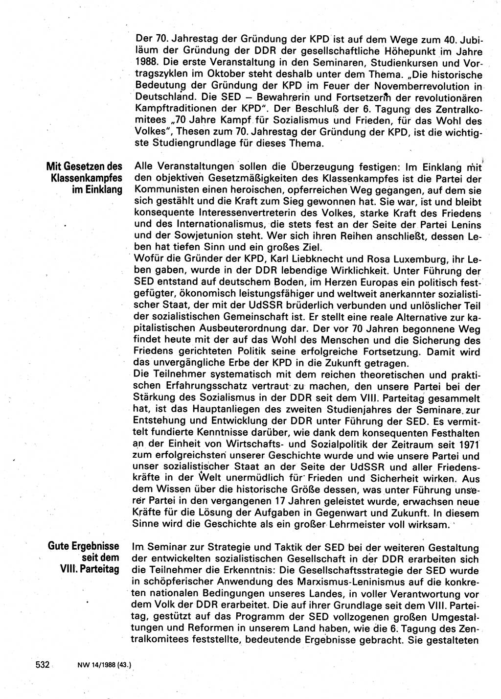 Neuer Weg (NW), Organ des Zentralkomitees (ZK) der SED (Sozialistische Einheitspartei Deutschlands) für Fragen des Parteilebens, 43. Jahrgang [Deutsche Demokratische Republik (DDR)] 1988, Seite 532 (NW ZK SED DDR 1988, S. 532)