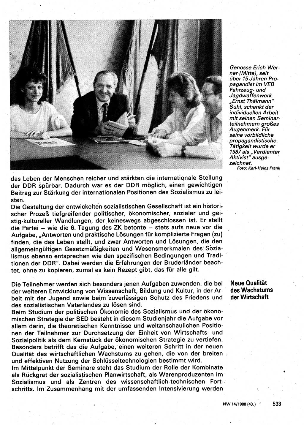 Neuer Weg (NW), Organ des Zentralkomitees (ZK) der SED (Sozialistische Einheitspartei Deutschlands) für Fragen des Parteilebens, 43. Jahrgang [Deutsche Demokratische Republik (DDR)] 1988, Seite 533 (NW ZK SED DDR 1988, S. 533)