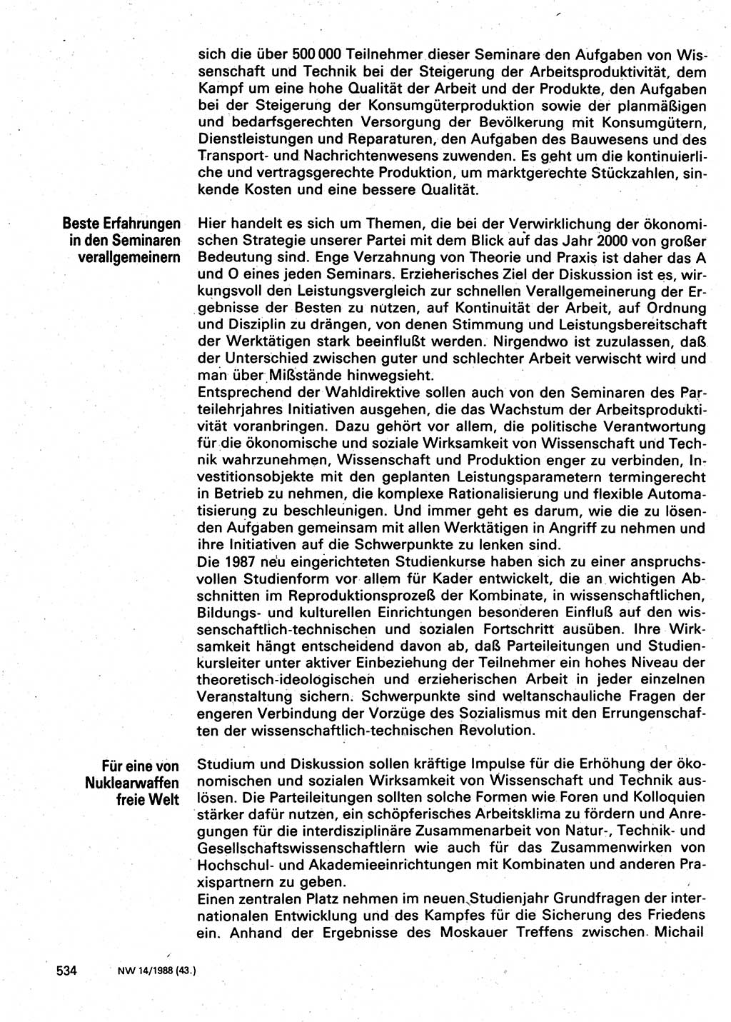 Neuer Weg (NW), Organ des Zentralkomitees (ZK) der SED (Sozialistische Einheitspartei Deutschlands) für Fragen des Parteilebens, 43. Jahrgang [Deutsche Demokratische Republik (DDR)] 1988, Seite 534 (NW ZK SED DDR 1988, S. 534)