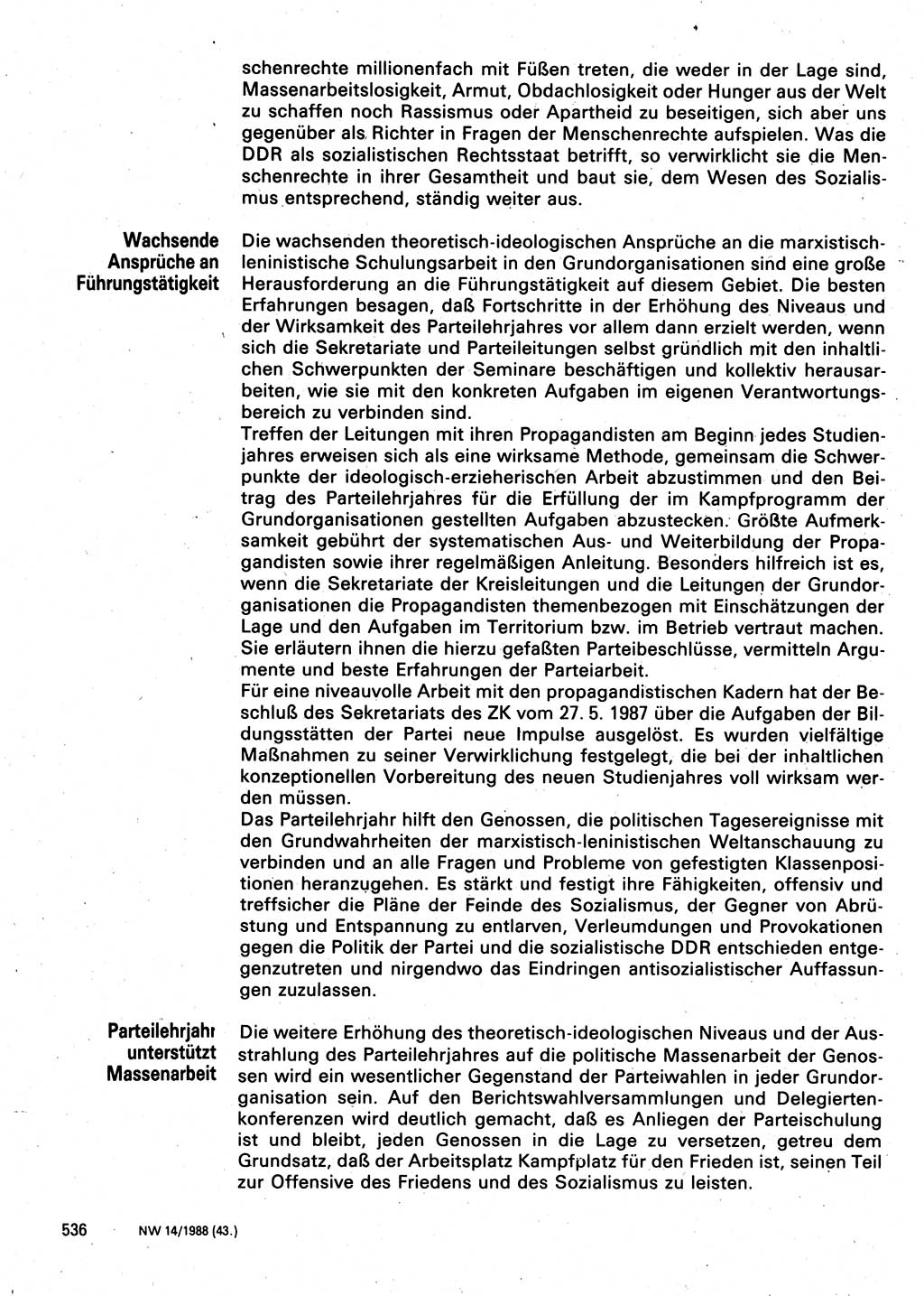 Neuer Weg (NW), Organ des Zentralkomitees (ZK) der SED (Sozialistische Einheitspartei Deutschlands) für Fragen des Parteilebens, 43. Jahrgang [Deutsche Demokratische Republik (DDR)] 1988, Seite 536 (NW ZK SED DDR 1988, S. 536)