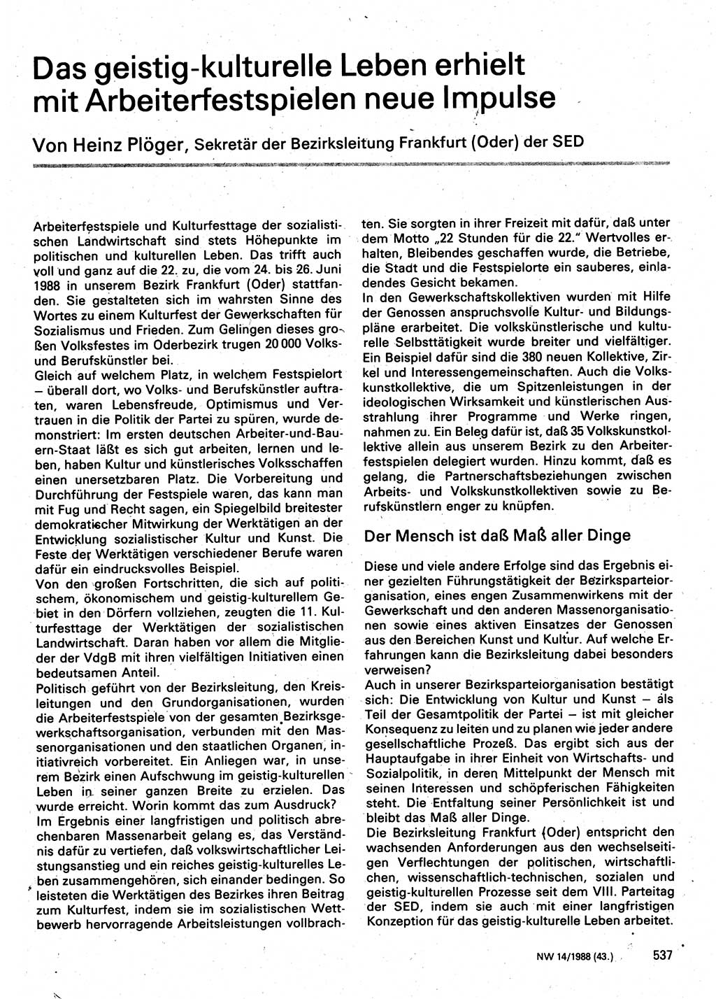 Neuer Weg (NW), Organ des Zentralkomitees (ZK) der SED (Sozialistische Einheitspartei Deutschlands) für Fragen des Parteilebens, 43. Jahrgang [Deutsche Demokratische Republik (DDR)] 1988, Seite 537 (NW ZK SED DDR 1988, S. 537)