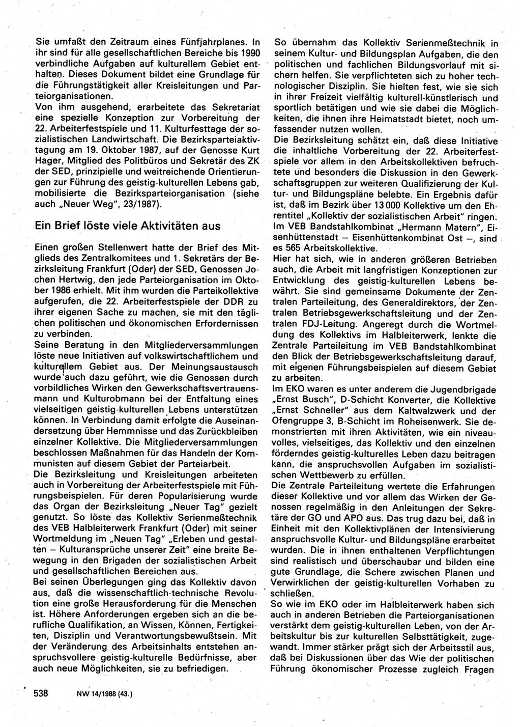 Neuer Weg (NW), Organ des Zentralkomitees (ZK) der SED (Sozialistische Einheitspartei Deutschlands) für Fragen des Parteilebens, 43. Jahrgang [Deutsche Demokratische Republik (DDR)] 1988, Seite 538 (NW ZK SED DDR 1988, S. 538)