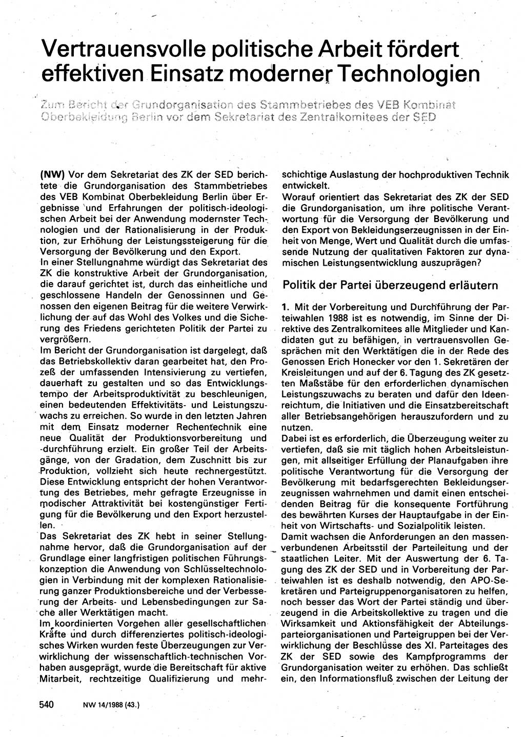 Neuer Weg (NW), Organ des Zentralkomitees (ZK) der SED (Sozialistische Einheitspartei Deutschlands) für Fragen des Parteilebens, 43. Jahrgang [Deutsche Demokratische Republik (DDR)] 1988, Seite 540 (NW ZK SED DDR 1988, S. 540)
