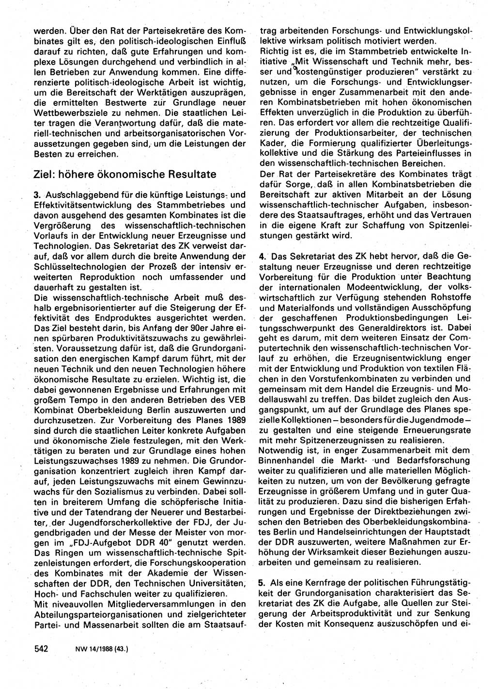 Neuer Weg (NW), Organ des Zentralkomitees (ZK) der SED (Sozialistische Einheitspartei Deutschlands) für Fragen des Parteilebens, 43. Jahrgang [Deutsche Demokratische Republik (DDR)] 1988, Seite 542 (NW ZK SED DDR 1988, S. 542)