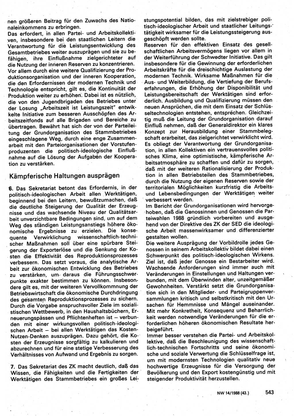 Neuer Weg (NW), Organ des Zentralkomitees (ZK) der SED (Sozialistische Einheitspartei Deutschlands) für Fragen des Parteilebens, 43. Jahrgang [Deutsche Demokratische Republik (DDR)] 1988, Seite 543 (NW ZK SED DDR 1988, S. 543)