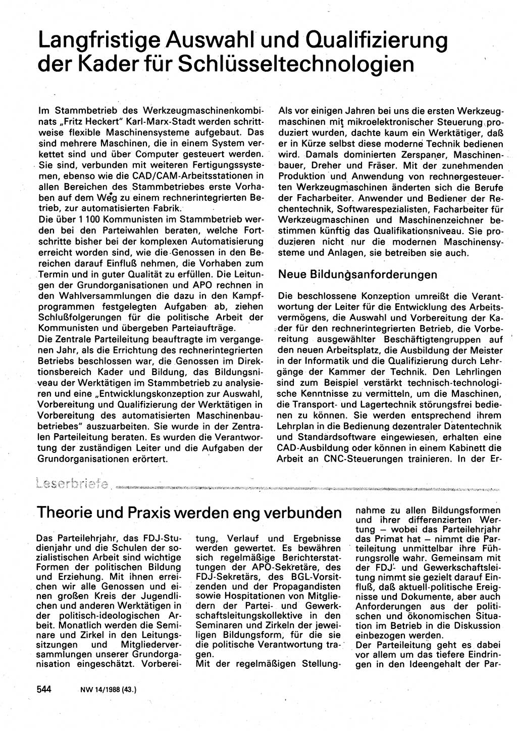 Neuer Weg (NW), Organ des Zentralkomitees (ZK) der SED (Sozialistische Einheitspartei Deutschlands) für Fragen des Parteilebens, 43. Jahrgang [Deutsche Demokratische Republik (DDR)] 1988, Seite 544 (NW ZK SED DDR 1988, S. 544)