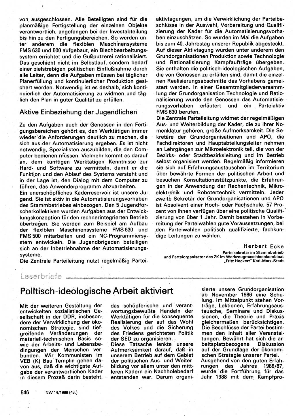 Neuer Weg (NW), Organ des Zentralkomitees (ZK) der SED (Sozialistische Einheitspartei Deutschlands) für Fragen des Parteilebens, 43. Jahrgang [Deutsche Demokratische Republik (DDR)] 1988, Seite 546 (NW ZK SED DDR 1988, S. 546)