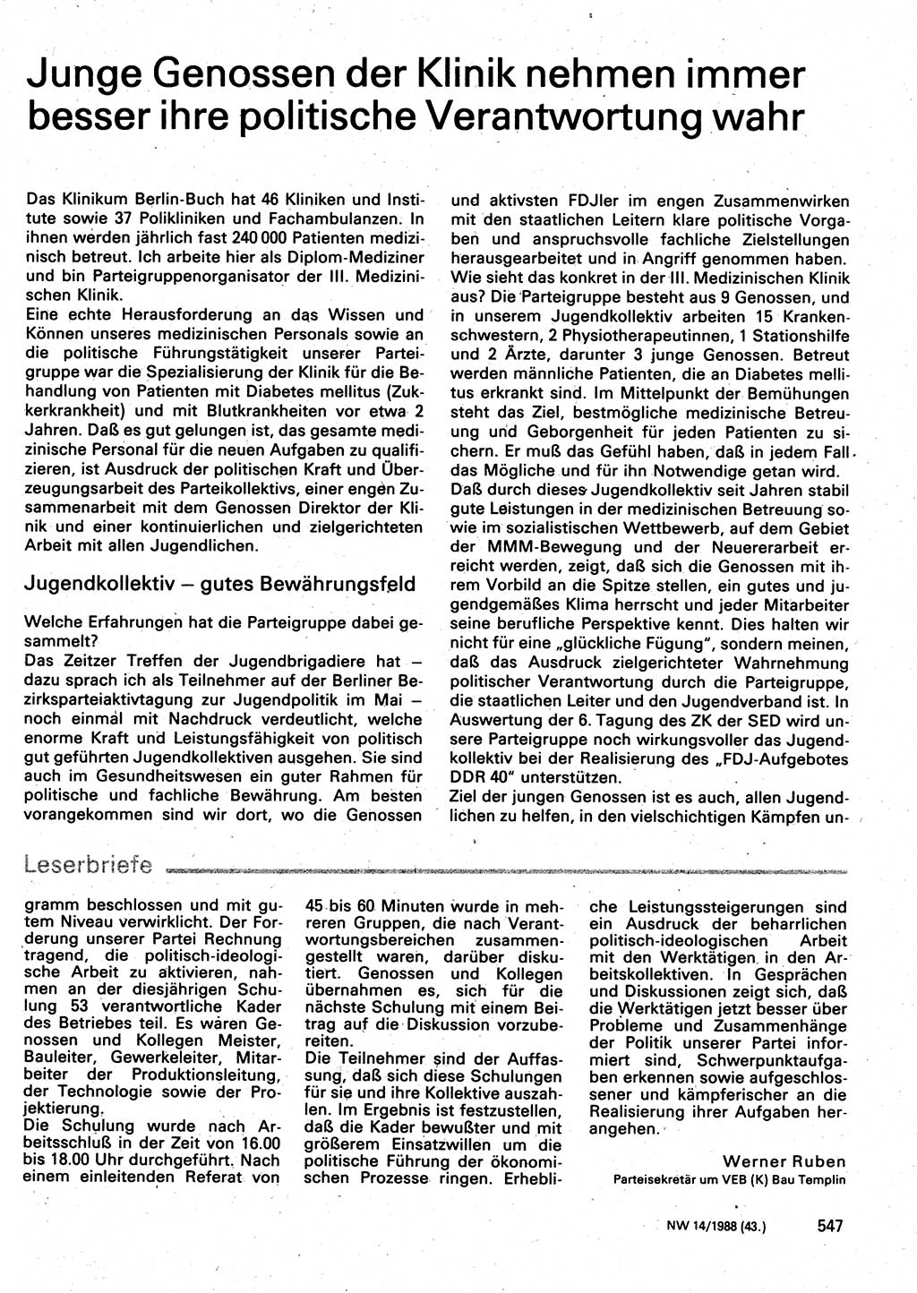 Neuer Weg (NW), Organ des Zentralkomitees (ZK) der SED (Sozialistische Einheitspartei Deutschlands) für Fragen des Parteilebens, 43. Jahrgang [Deutsche Demokratische Republik (DDR)] 1988, Seite 547 (NW ZK SED DDR 1988, S. 547)