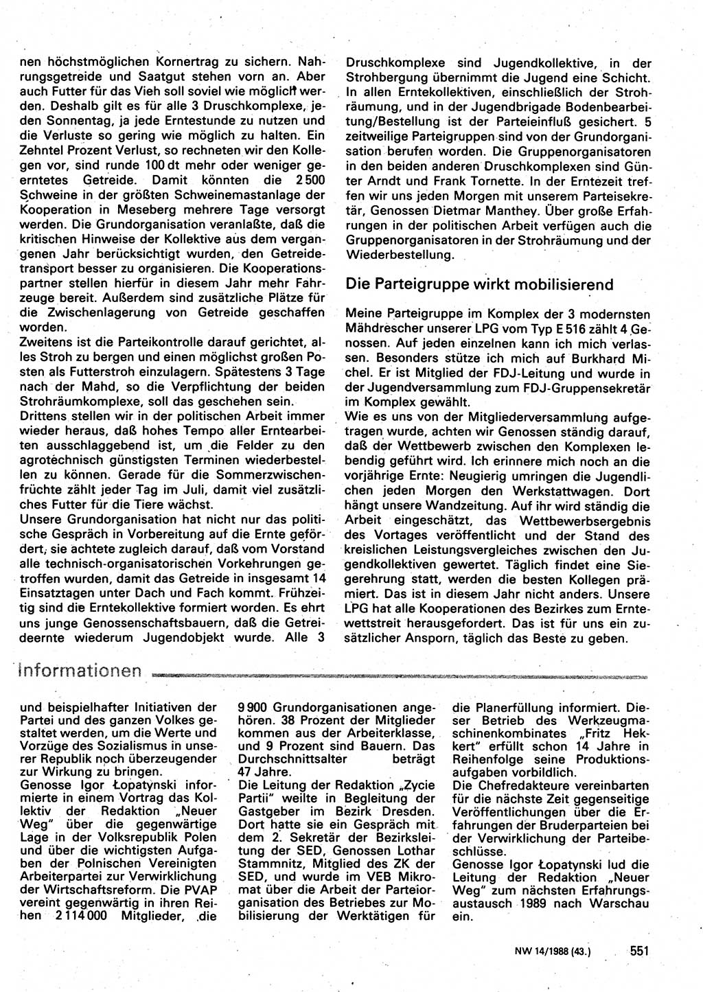 Neuer Weg (NW), Organ des Zentralkomitees (ZK) der SED (Sozialistische Einheitspartei Deutschlands) für Fragen des Parteilebens, 43. Jahrgang [Deutsche Demokratische Republik (DDR)] 1988, Seite 551 (NW ZK SED DDR 1988, S. 551)