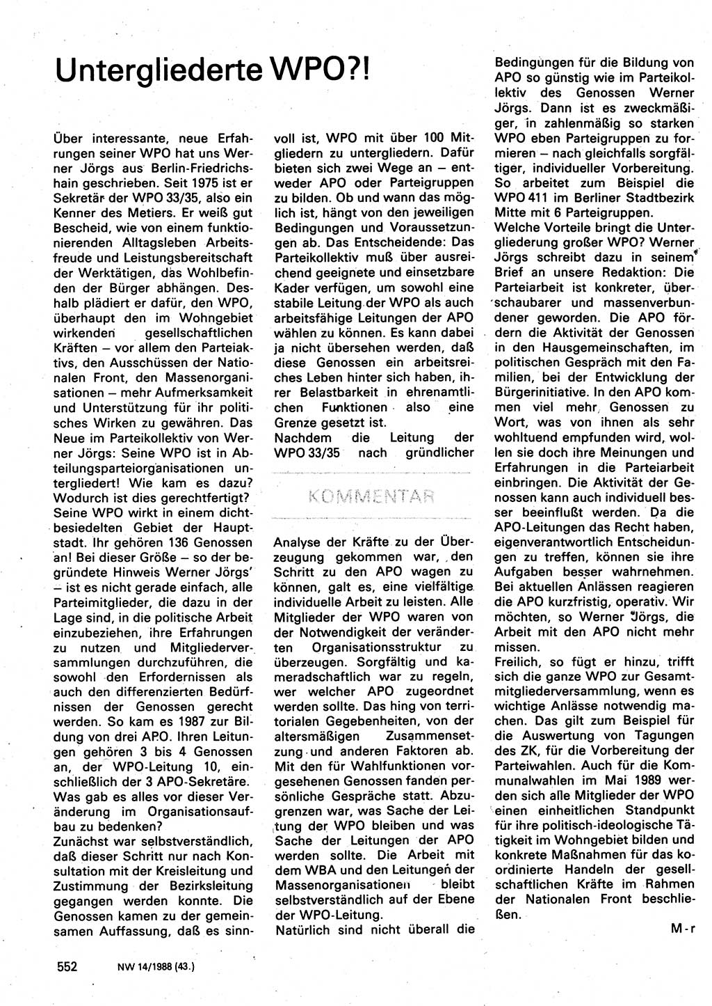 Neuer Weg (NW), Organ des Zentralkomitees (ZK) der SED (Sozialistische Einheitspartei Deutschlands) für Fragen des Parteilebens, 43. Jahrgang [Deutsche Demokratische Republik (DDR)] 1988, Seite 552 (NW ZK SED DDR 1988, S. 552)