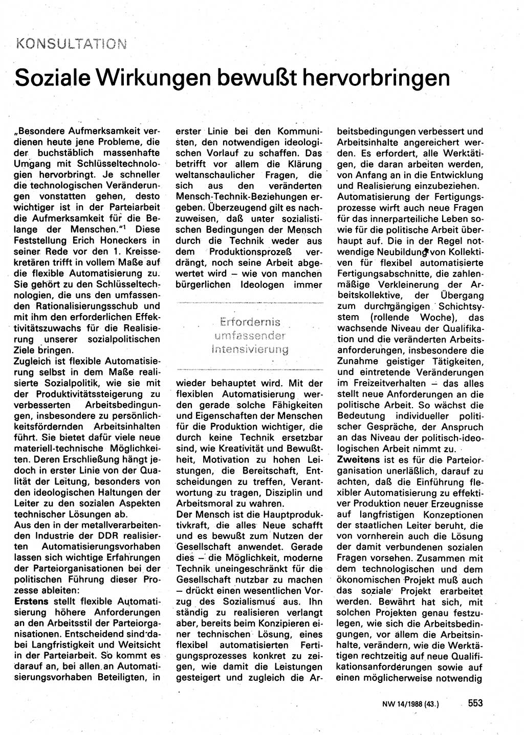 Neuer Weg (NW), Organ des Zentralkomitees (ZK) der SED (Sozialistische Einheitspartei Deutschlands) für Fragen des Parteilebens, 43. Jahrgang [Deutsche Demokratische Republik (DDR)] 1988, Seite 553 (NW ZK SED DDR 1988, S. 553)