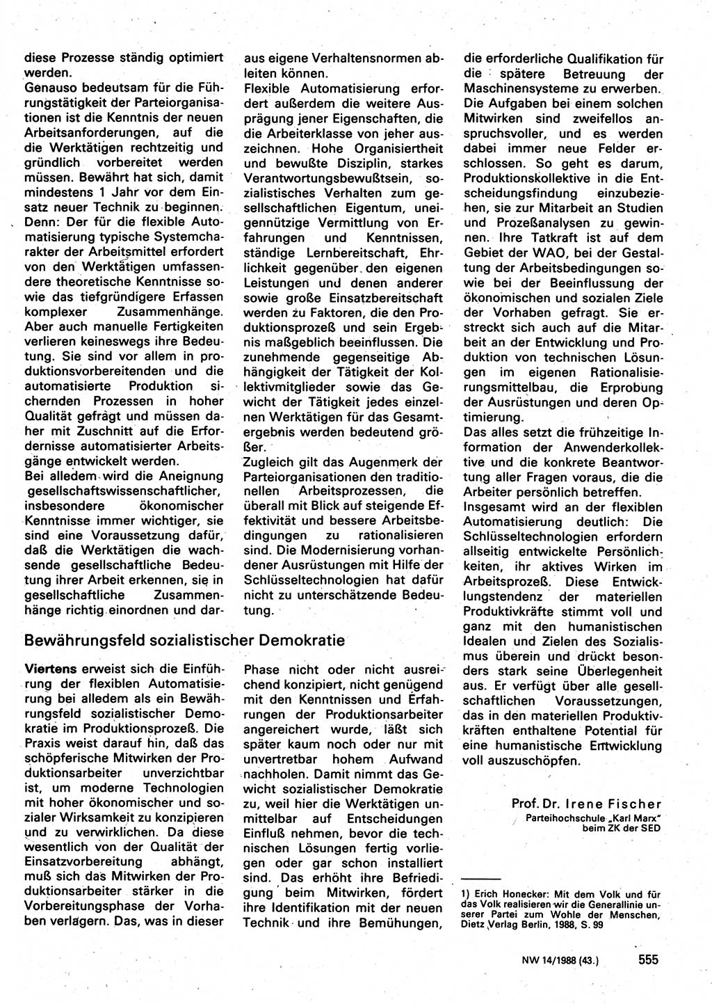 Neuer Weg (NW), Organ des Zentralkomitees (ZK) der SED (Sozialistische Einheitspartei Deutschlands) für Fragen des Parteilebens, 43. Jahrgang [Deutsche Demokratische Republik (DDR)] 1988, Seite 555 (NW ZK SED DDR 1988, S. 555)