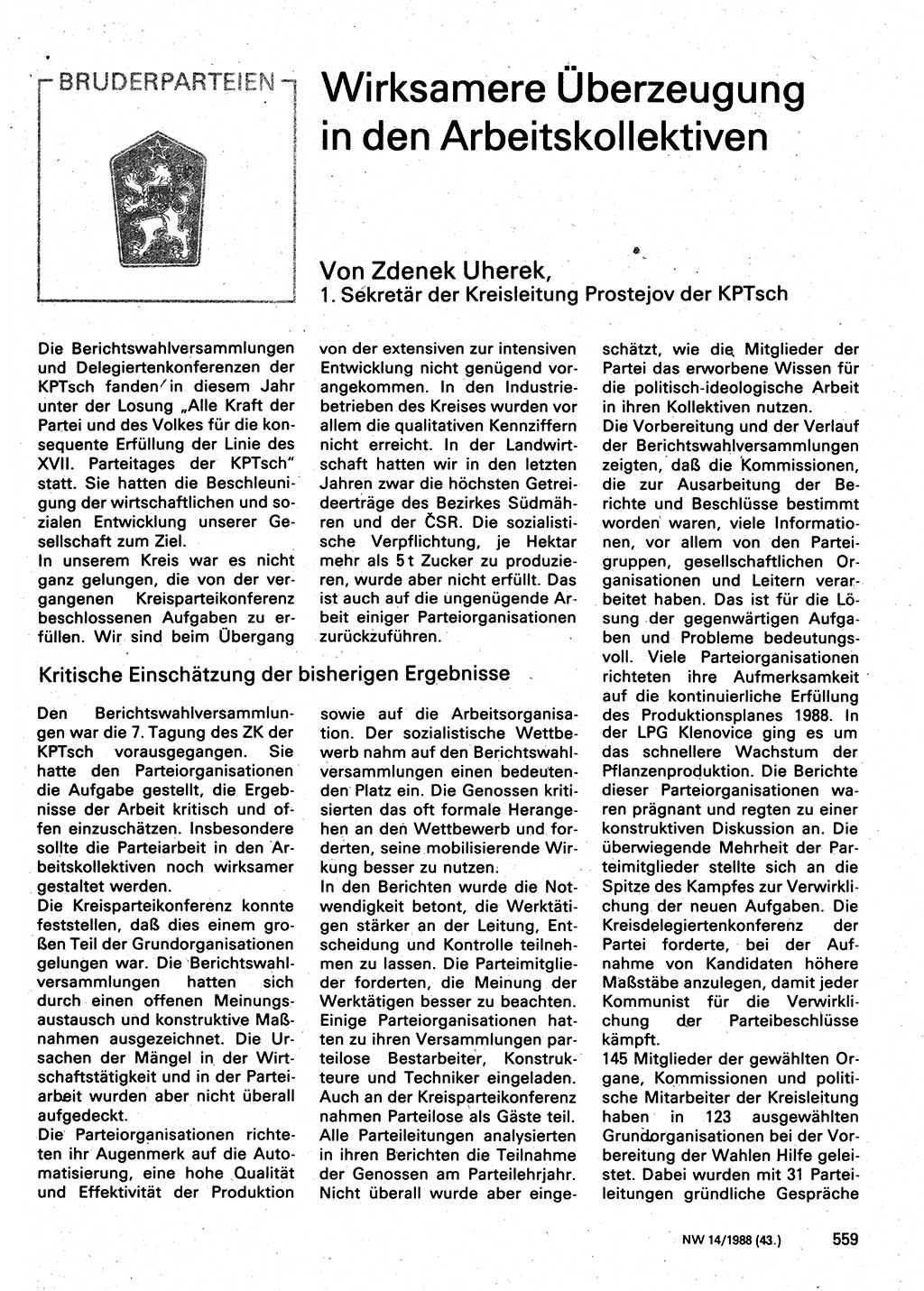 Neuer Weg (NW), Organ des Zentralkomitees (ZK) der SED (Sozialistische Einheitspartei Deutschlands) für Fragen des Parteilebens, 43. Jahrgang [Deutsche Demokratische Republik (DDR)] 1988, Seite 559 (NW ZK SED DDR 1988, S. 559)