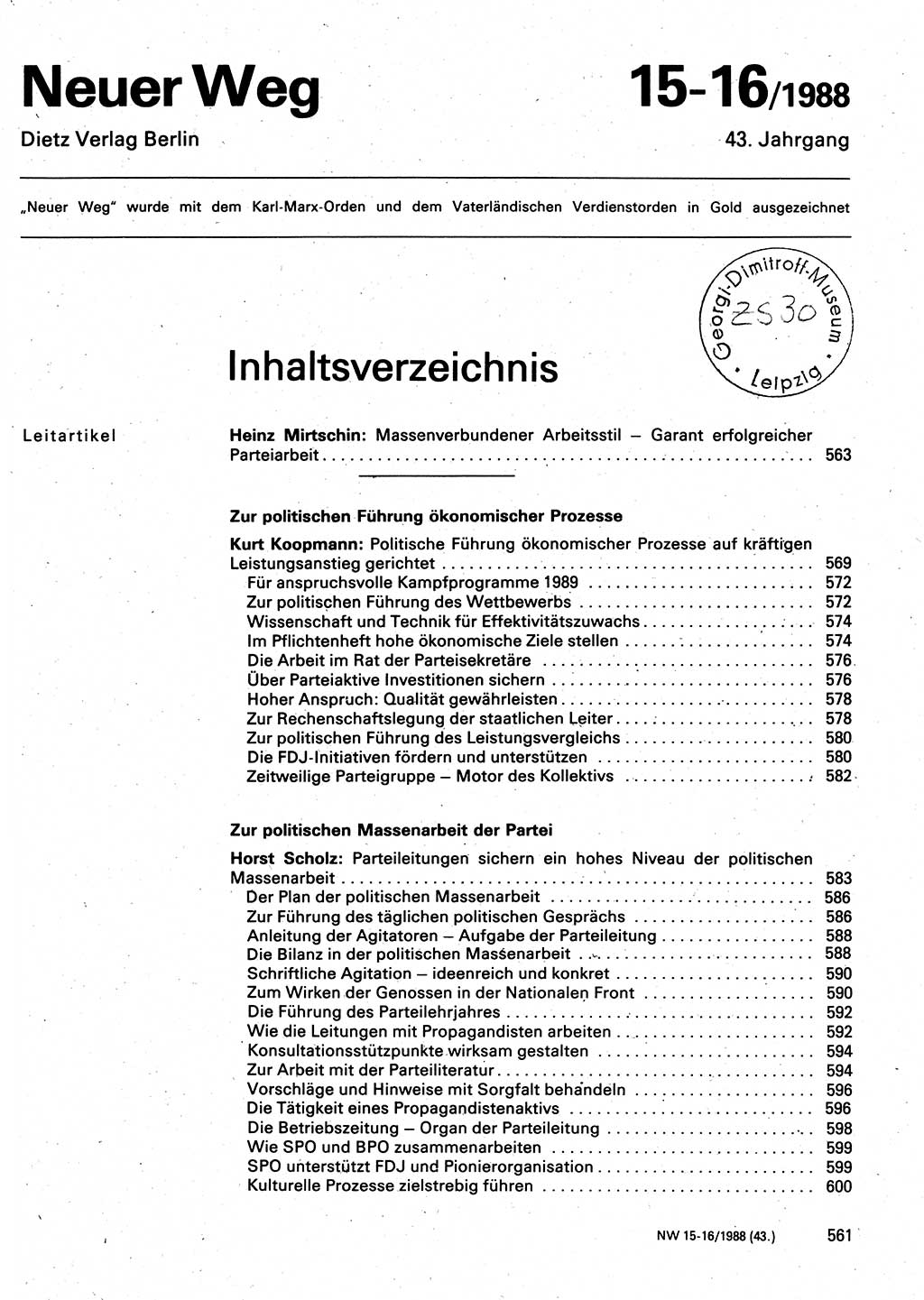 Neuer Weg (NW), Organ des Zentralkomitees (ZK) der SED (Sozialistische Einheitspartei Deutschlands) für Fragen des Parteilebens, 43. Jahrgang [Deutsche Demokratische Republik (DDR)] 1988, Seite 561 (NW ZK SED DDR 1988, S. 561)