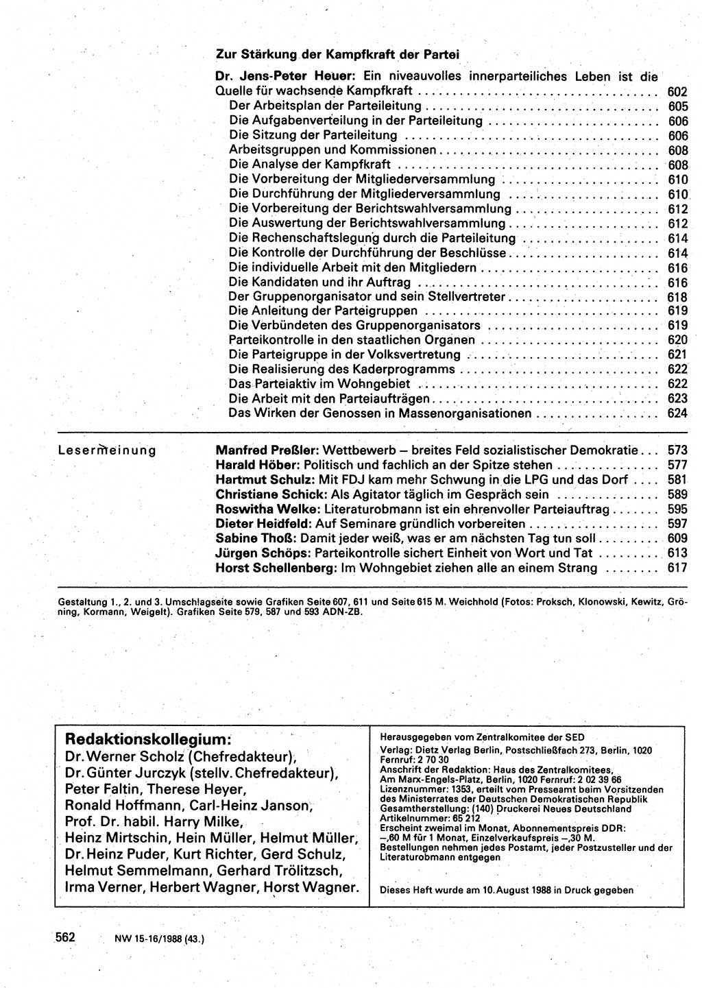 Neuer Weg (NW), Organ des Zentralkomitees (ZK) der SED (Sozialistische Einheitspartei Deutschlands) für Fragen des Parteilebens, 43. Jahrgang [Deutsche Demokratische Republik (DDR)] 1988, Seite 562 (NW ZK SED DDR 1988, S. 562)