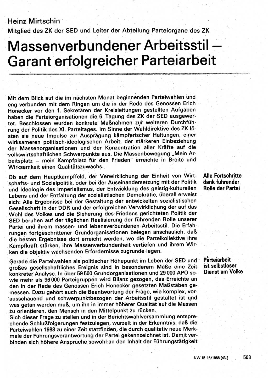 Neuer Weg (NW), Organ des Zentralkomitees (ZK) der SED (Sozialistische Einheitspartei Deutschlands) für Fragen des Parteilebens, 43. Jahrgang [Deutsche Demokratische Republik (DDR)] 1988, Seite 563 (NW ZK SED DDR 1988, S. 563)