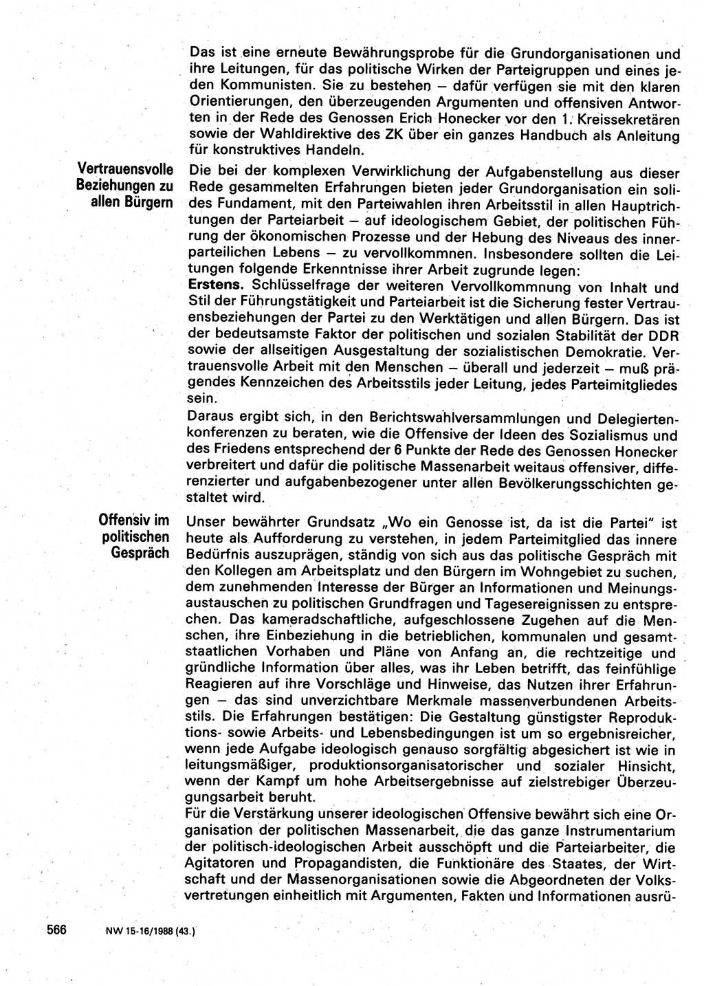 Neuer Weg (NW), Organ des Zentralkomitees (ZK) der SED (Sozialistische Einheitspartei Deutschlands) für Fragen des Parteilebens, 43. Jahrgang [Deutsche Demokratische Republik (DDR)] 1988, Seite 566 (NW ZK SED DDR 1988, S. 566)