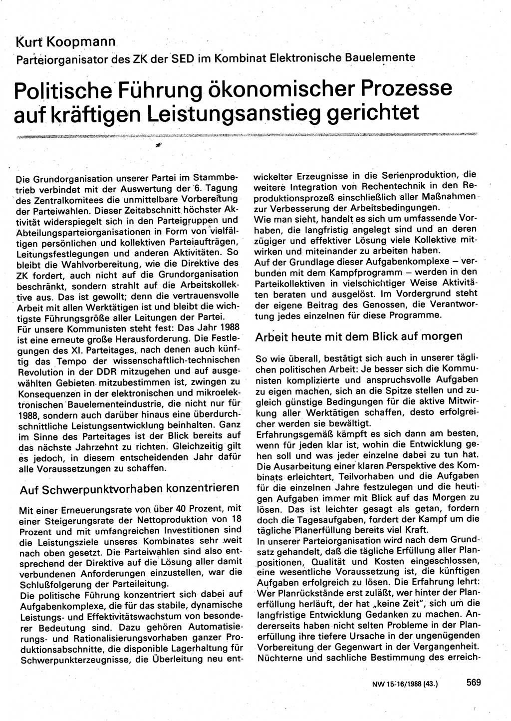 Neuer Weg (NW), Organ des Zentralkomitees (ZK) der SED (Sozialistische Einheitspartei Deutschlands) für Fragen des Parteilebens, 43. Jahrgang [Deutsche Demokratische Republik (DDR)] 1988, Seite 569 (NW ZK SED DDR 1988, S. 569)