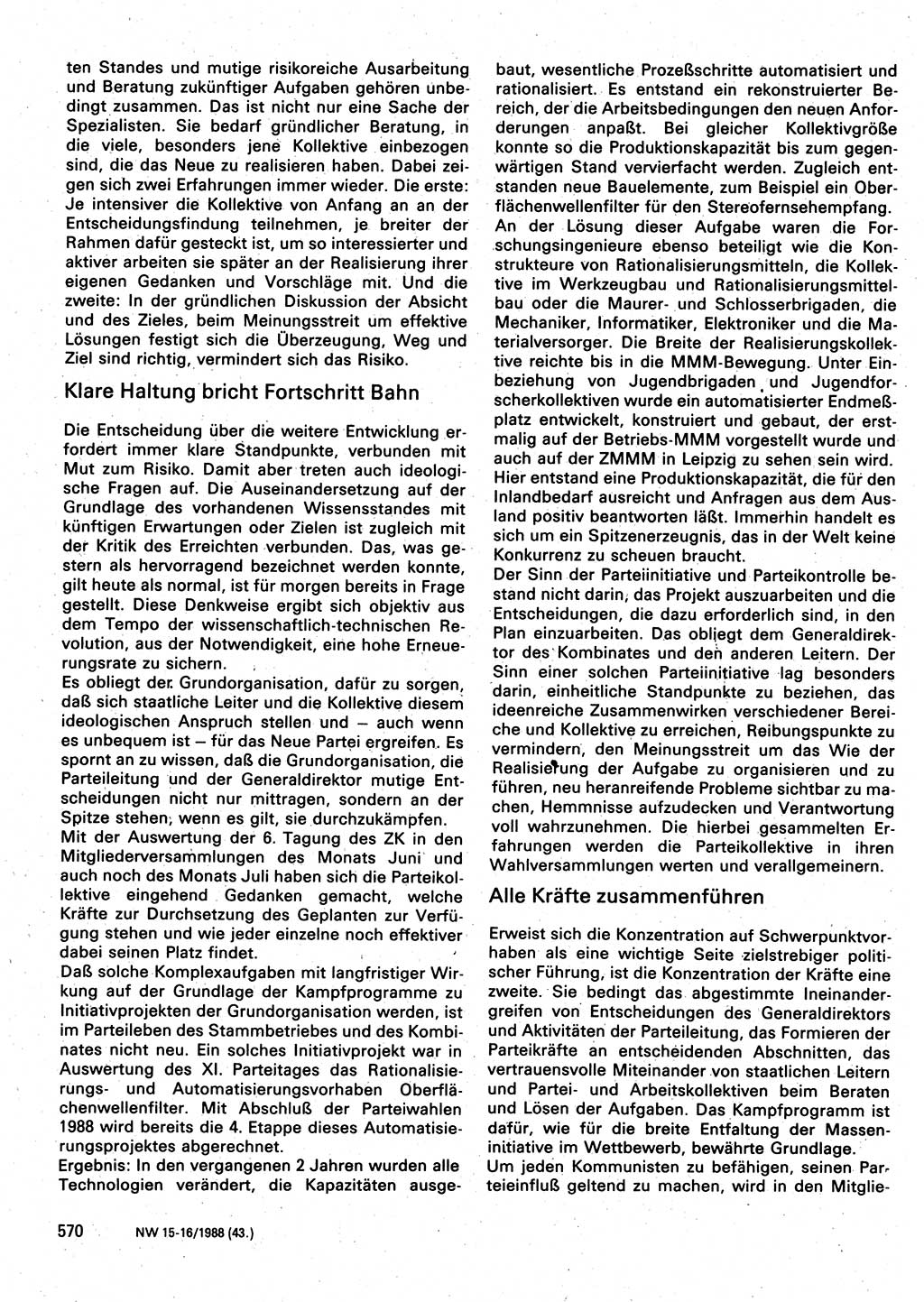 Neuer Weg (NW), Organ des Zentralkomitees (ZK) der SED (Sozialistische Einheitspartei Deutschlands) für Fragen des Parteilebens, 43. Jahrgang [Deutsche Demokratische Republik (DDR)] 1988, Seite 570 (NW ZK SED DDR 1988, S. 570)