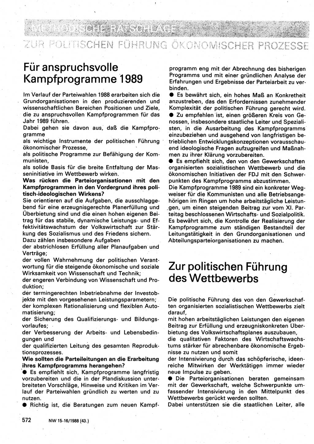 Neuer Weg (NW), Organ des Zentralkomitees (ZK) der SED (Sozialistische Einheitspartei Deutschlands) für Fragen des Parteilebens, 43. Jahrgang [Deutsche Demokratische Republik (DDR)] 1988, Seite 572 (NW ZK SED DDR 1988, S. 572)