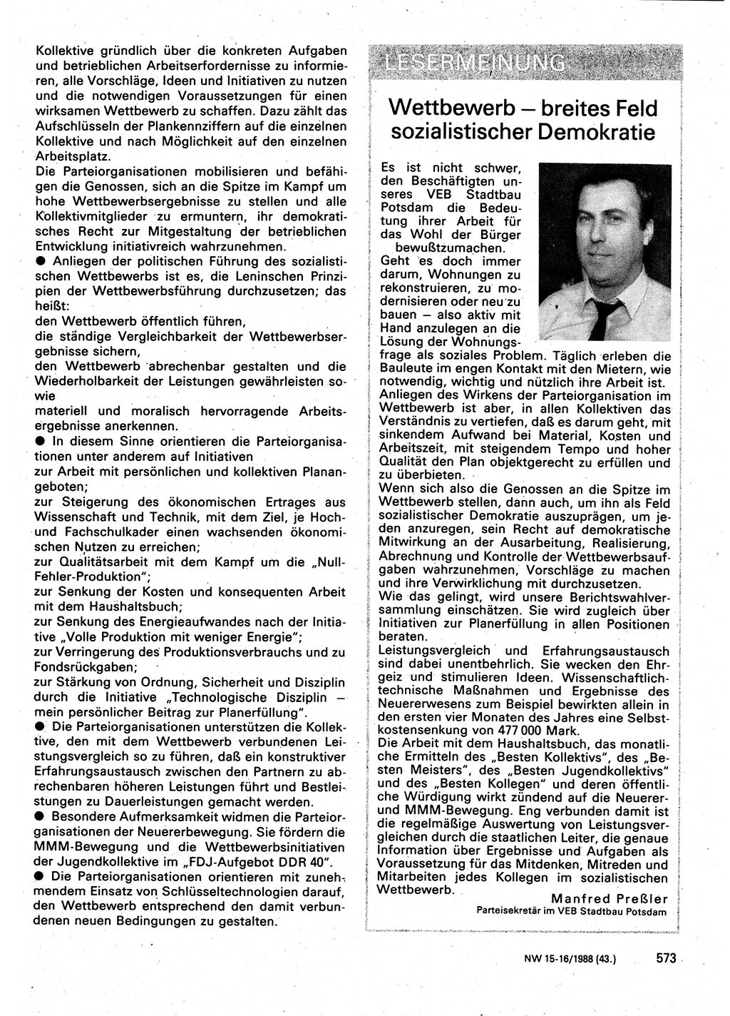 Neuer Weg (NW), Organ des Zentralkomitees (ZK) der SED (Sozialistische Einheitspartei Deutschlands) für Fragen des Parteilebens, 43. Jahrgang [Deutsche Demokratische Republik (DDR)] 1988, Seite 573 (NW ZK SED DDR 1988, S. 573)