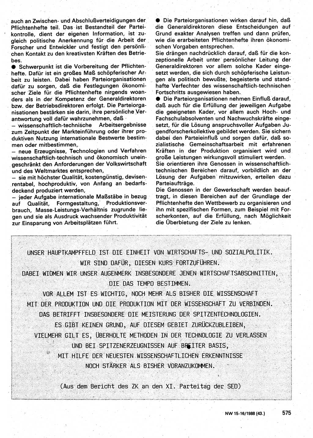 Neuer Weg (NW), Organ des Zentralkomitees (ZK) der SED (Sozialistische Einheitspartei Deutschlands) für Fragen des Parteilebens, 43. Jahrgang [Deutsche Demokratische Republik (DDR)] 1988, Seite 575 (NW ZK SED DDR 1988, S. 575)