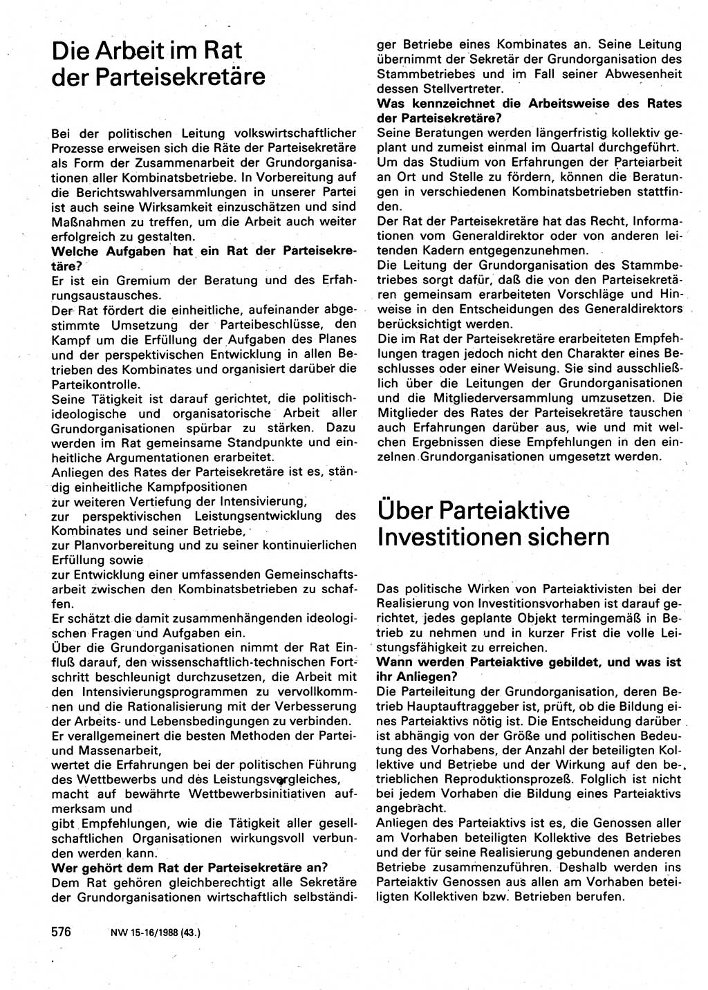 Neuer Weg (NW), Organ des Zentralkomitees (ZK) der SED (Sozialistische Einheitspartei Deutschlands) für Fragen des Parteilebens, 43. Jahrgang [Deutsche Demokratische Republik (DDR)] 1988, Seite 576 (NW ZK SED DDR 1988, S. 576)