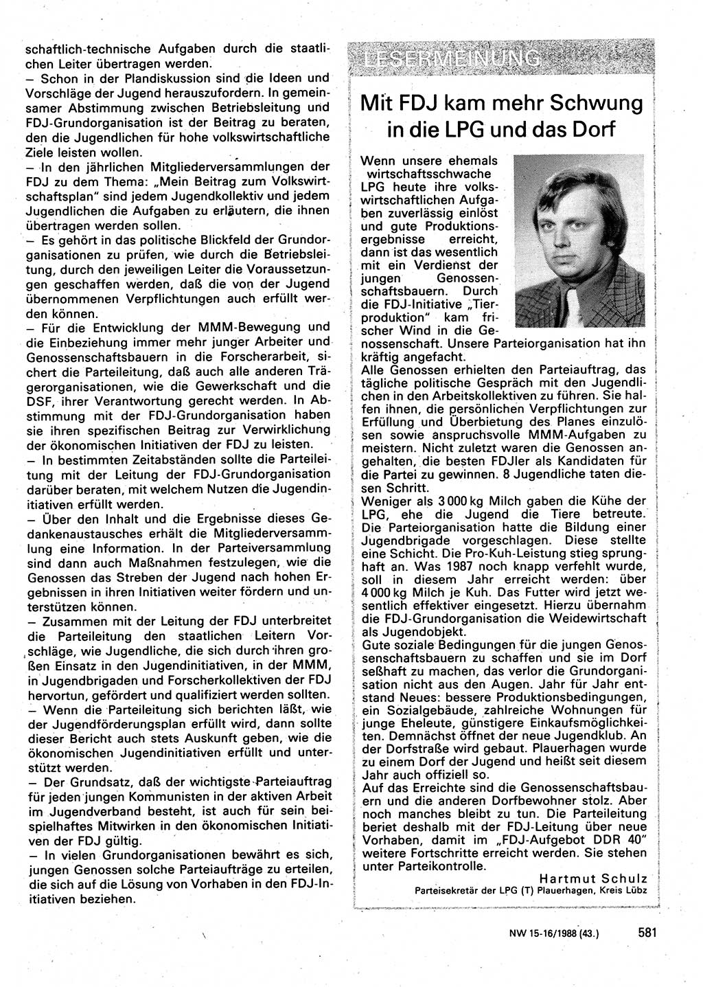 Neuer Weg (NW), Organ des Zentralkomitees (ZK) der SED (Sozialistische Einheitspartei Deutschlands) für Fragen des Parteilebens, 43. Jahrgang [Deutsche Demokratische Republik (DDR)] 1988, Seite 581 (NW ZK SED DDR 1988, S. 581)