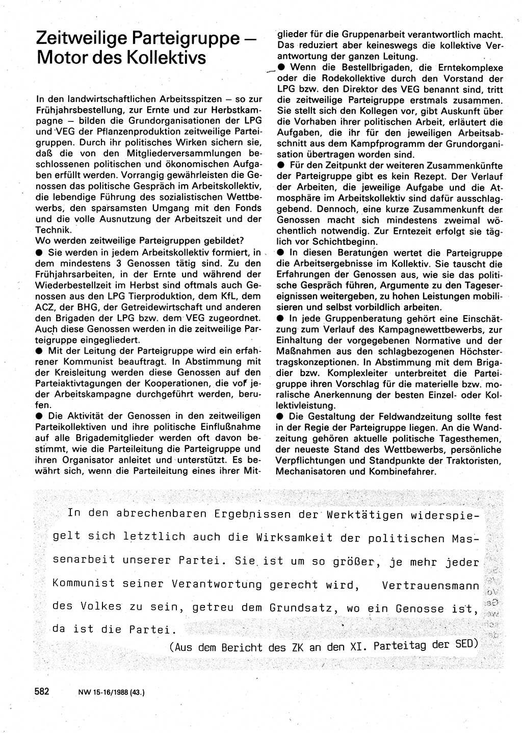 Neuer Weg (NW), Organ des Zentralkomitees (ZK) der SED (Sozialistische Einheitspartei Deutschlands) für Fragen des Parteilebens, 43. Jahrgang [Deutsche Demokratische Republik (DDR)] 1988, Seite 582 (NW ZK SED DDR 1988, S. 582)