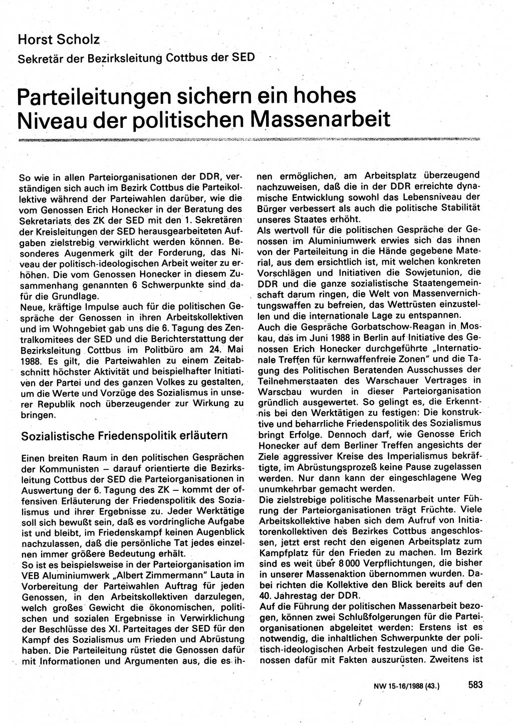 Neuer Weg (NW), Organ des Zentralkomitees (ZK) der SED (Sozialistische Einheitspartei Deutschlands) für Fragen des Parteilebens, 43. Jahrgang [Deutsche Demokratische Republik (DDR)] 1988, Seite 583 (NW ZK SED DDR 1988, S. 583)