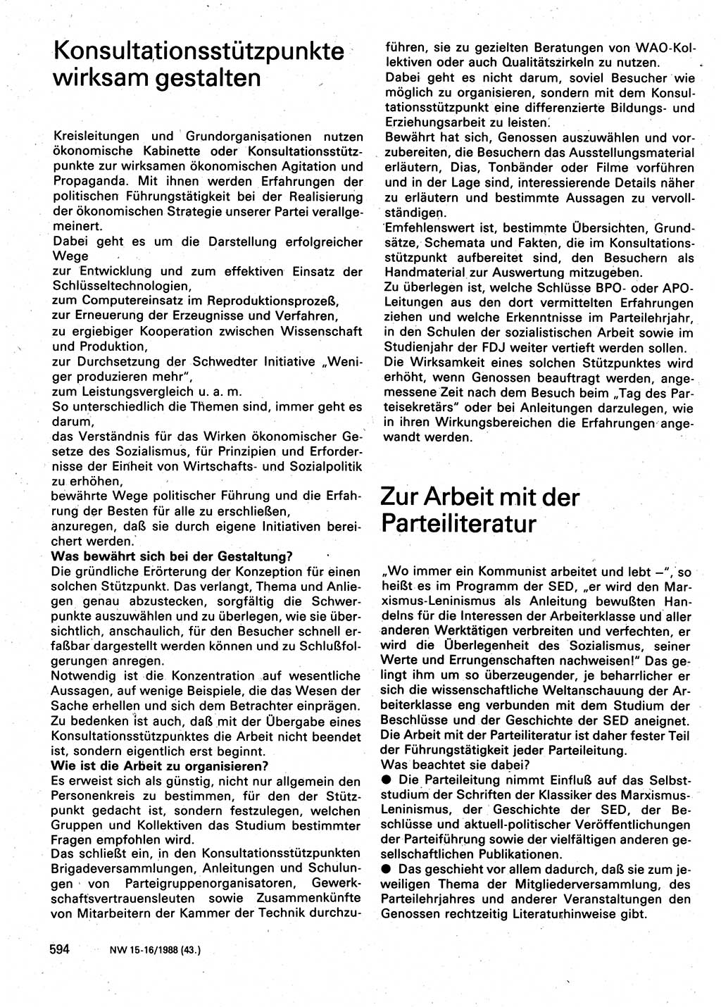 Neuer Weg (NW), Organ des Zentralkomitees (ZK) der SED (Sozialistische Einheitspartei Deutschlands) für Fragen des Parteilebens, 43. Jahrgang [Deutsche Demokratische Republik (DDR)] 1988, Seite 594 (NW ZK SED DDR 1988, S. 594)