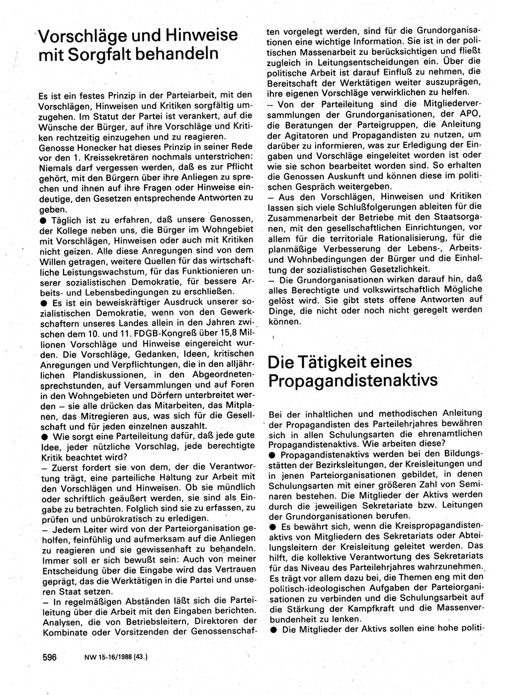 Neuer Weg (NW), Organ des Zentralkomitees (ZK) der SED (Sozialistische Einheitspartei Deutschlands) für Fragen des Parteilebens, 43. Jahrgang [Deutsche Demokratische Republik (DDR)] 1988, Seite 596 (NW ZK SED DDR 1988, S. 596)