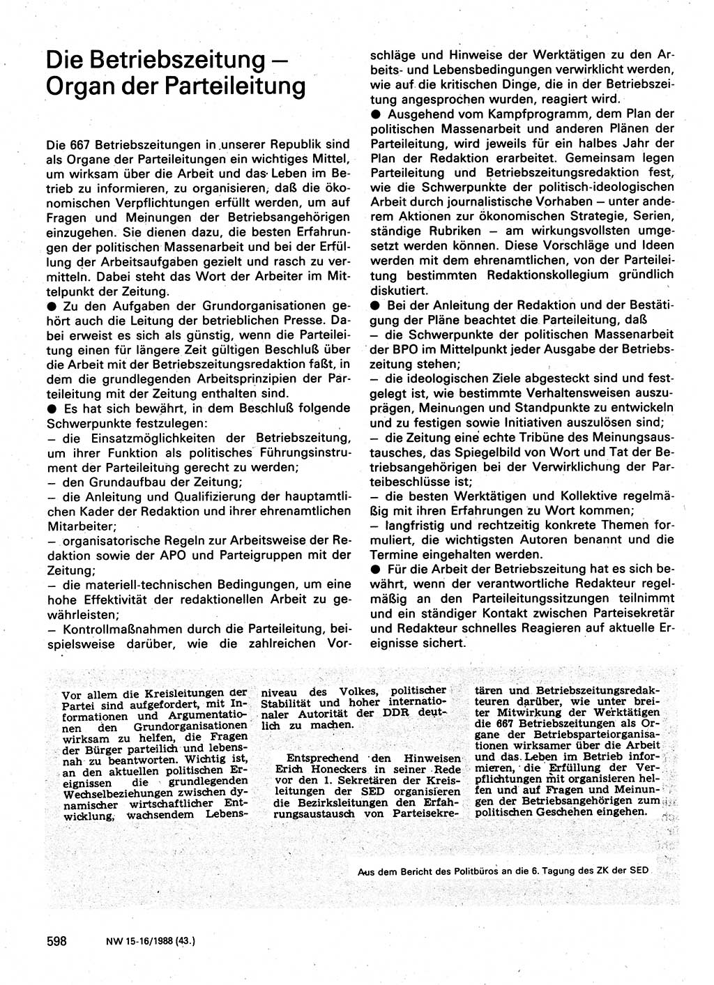 Neuer Weg (NW), Organ des Zentralkomitees (ZK) der SED (Sozialistische Einheitspartei Deutschlands) fÃ¼r Fragen des Parteilebens, 43. Jahrgang [Deutsche Demokratische Republik (DDR)] 1988, Seite 598 (NW ZK SED DDR 1988, S. 598)